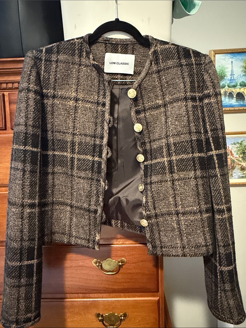 Low Classic Black & Gray Plaid Tweed Collarless Jacket